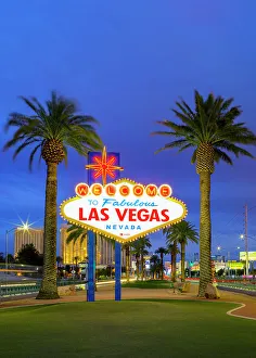 Neon Sign Prints: Las Vegas Famous Welcome Sign, Illuminated, Neon, Las Vegas, Nevada, USA