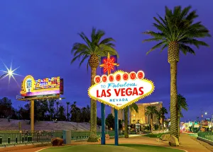 Neon Sign Prints: Las Vegas Famous Welcome Sign, Illuminated, Neon, Las Vegas, Nevada, USA