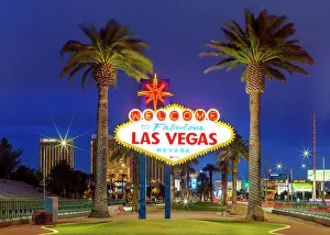 Neon Sign Prints: Las Vegas Famous Welcome Sign, Illuminated, Neon, Las Vegas, Nevada, USA