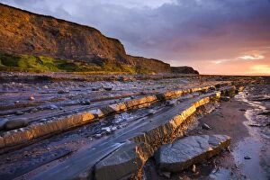 Images Dated 19th May 2009: Late evening sunlight glows on the horizontal ledges of Kilve, Somerset, England
