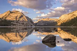 October Prints: Late evening sunlight turns the granite mountains above Tenaya Lake to gold, Yosemite
