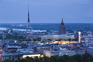 Latvian Prints: Latvia, Riga, elevated view of Old Riga, Vecriga, evening