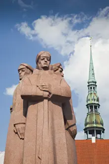 Vecriga Prints: Latvia, Riga, Old Riga, Latvian Riflemen Monument and St. Peters Lutheran Church