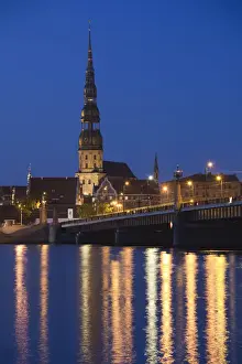 Vecriga Prints: Latvia, Riga, Old Riga, St. Peters Lutheran Church and Akmens Bridge, evening