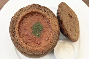 Latvian Sauerkraut Soup with Pork Served in a Bread Loaf. Riga, Latvia, Northern Europe