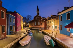 The leaning bell-tower of Burano at evening, Burano, Venice, Veneto, Italy