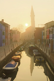 Burano Prints: The leaning bell tower of St Martin's Church at sunset, Burano, Venice, Italy