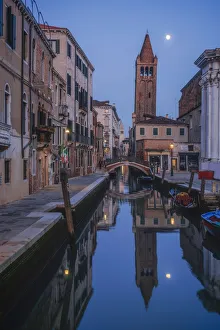 Moonlight Prints: Leaning tower at dusk with moonrise in Venice, Italy