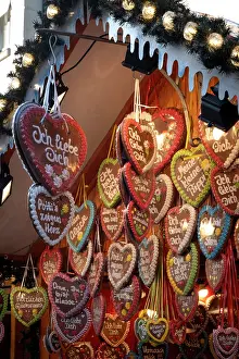 Christmas Market Prints: Lebkuchen hearts (gingerbread hearts) for sale at a Christmas Market, Berlin, Germany