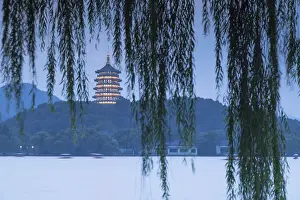 West Lake Prints: Leifeng Pagoda at dusk, West Lake (UNESCO World Heritage Site), Hangzhou, Zhejiang, China
