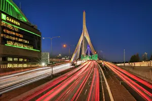 Boston Prints: Leonard P. Zakim Bunker Hill Memorial Bridge near Boston Garden at dusk with light streaks