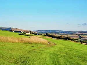 Grassland Prints: Lewes Golf Club at sunset, Lewes, East Sussex, England, United Kingdom