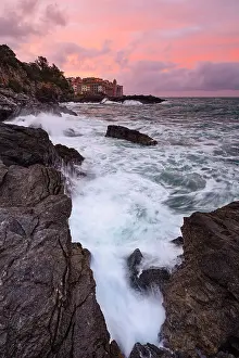 Historical Centre Prints: Lgurian cliffs near the old village of Tellaro in background, Liguria, Italy