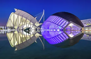 Sciences Prints: L'hemisferic (The Hemispheric) and Science Museum reflecting in a pool