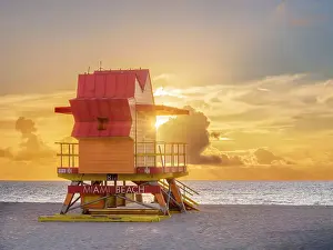 Miami Prints: Lifeguard Hut at Sunrise, Ocean Drive Art Deco District South Beach