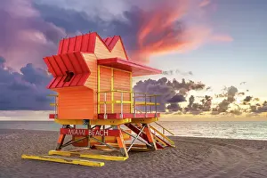 Art Deco District Prints: Lifeguard Hut at Sunrise, Ocean Drive Art Deco District South Beach