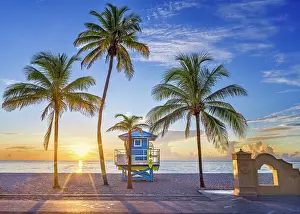 Pastel Prints: Lifeguardhouse at sunrise golden hour Hollywood Beach Hollywood, Miami Beach Florida, USA
