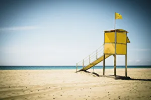 Lifeguard Tower Prints: Lifeguards hut on fine sand beach by the ocean, Morro Jable, Fuerteventura