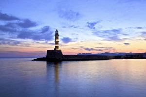 The Light House in The Venetian Harbour at Sunrise, Chania, Crete, Greek Islands