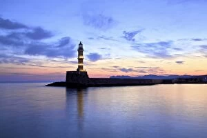 The Light House in The Venetian Harbour at Sunrise, Chania, Crete, Greek Islands
