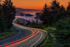 Light Trails along Coast Road at Sunset, Myers Creek Beach, Oregon, USA