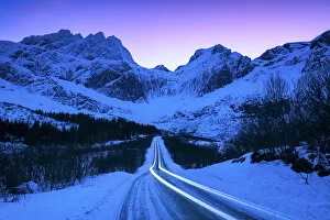 Images Dated 26th February 2016: Light Trails leading to Mountains, Lofoten Islands, Norway