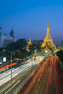 Light trails on street by Sule Pagoda against sky at night, Yangon, Yangon Region