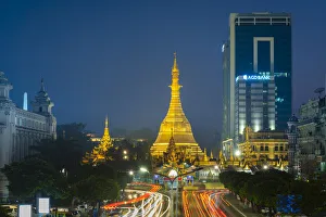 Light trails on street by Sule Pagoda against sky at night, Yangon, Yangon Region