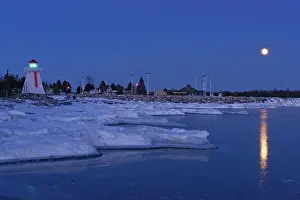 Manitoulin Island Prints: Lighthouse on Georgian Bay (Lake Huron) with full moon in winter South Baymouth on Manitoulin Island Canada