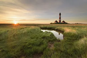 Coastal Landscape Prints: Lighthouse Westerhever at sunrise, Westerheversand, Schleswig-Holstein Wadden sea