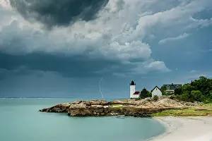 North Shore Prints: Lightning bolt over Annisquam Harbor Light Station in Gloucester, Massachusetts, USA