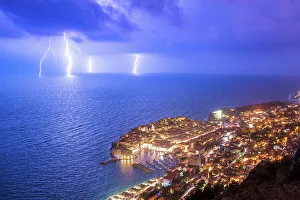Thunderstorm Prints: Lightning storm over Dubrovnik, Dalmatian Coast, Adriatic, Croatia