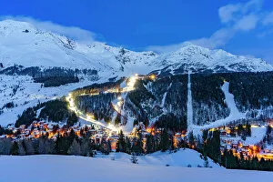 Chalet Prints: Lights of snowy ski slopes at night view from Andossi
