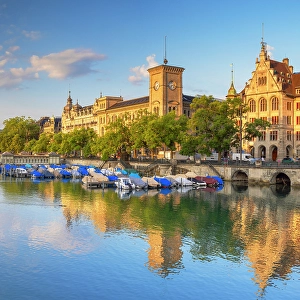 Dock Prints: Limmat River and boats at sunrise, Zurich, Switzerland