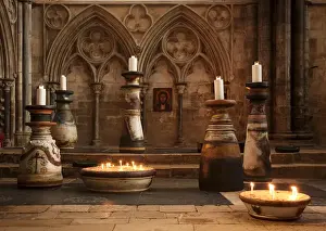 Midlands Prints: Lincoln, England. Candles lit in the chancel of Lincoln cathedral