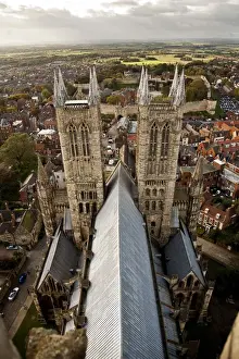 Midlands Prints: Lincoln, England. The roof of Lincoln cathedral soars high above the city