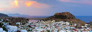 Acropolis Of Lindos Gallery: Lindos Acropolis & Village illuminated at Dusk, Lindos, Rhodes, Greece