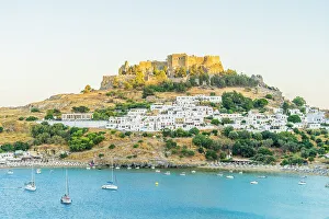 Lindos Beach and The Acropolis of Lindos, Lindos, Dodecanese Islands, Greece