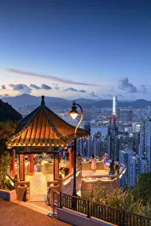 Images Dated 27th August 2020: Lion Pavilion on Victoria Peak and skyline at sunset, Hong Kong