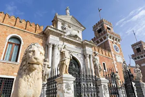 Navy Prints: Lion statue and facade of Arsenale naval base, Venice, Veneto, Italy