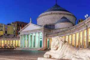 Historic Building Prints: Lion statue and illuminated colonnade of Basilica di San Francesco di Paola at dusk
