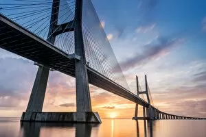 Architecture Collection: Lisbon, Portugal. Vasco Da Gama bridge at sunrise, the longest bridge in Europe