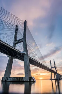 Lisbon, Portugal. Vasco Da Gama bridge at sunrise, the longest bridge in Europe