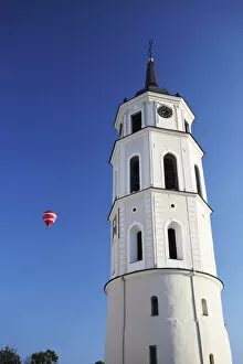 Images Dated 5th January 2010: Lithuania, Vilnius, Hot Air Balloon Flying Past Vilnius Cathedral Belfry