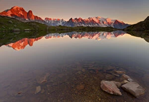 French Alps Gallery: Little alpine lake, reflecting the Mont Blanc massif, in the sunset (French alps)