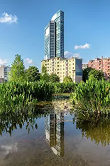 Milan Prints: Little lake in the Tree Library Park at Porta Nuova business district, Milan, Italy