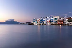 Mykonos Prints: Little Venice at dusk, Mykonos Town, Mykonos, Cyclades Islands, Greece