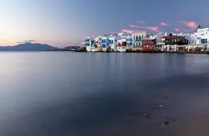 Mykonos Prints: Little Venice at dusk, Mykonos Town, Mykonos, Cyclades Islands, Greece