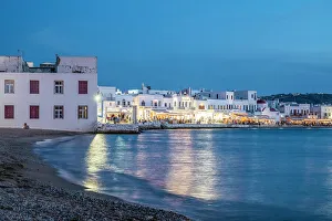 Mykonos Prints: Little Venice at twilight, Chora (Mykonos Town), Mykonos Island, Cyclades, Greece