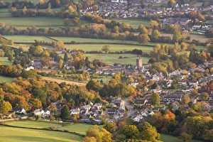 Llangattock village surrounded by autumnal foliage, Crickhowell, Brecon Beacons, Powys
